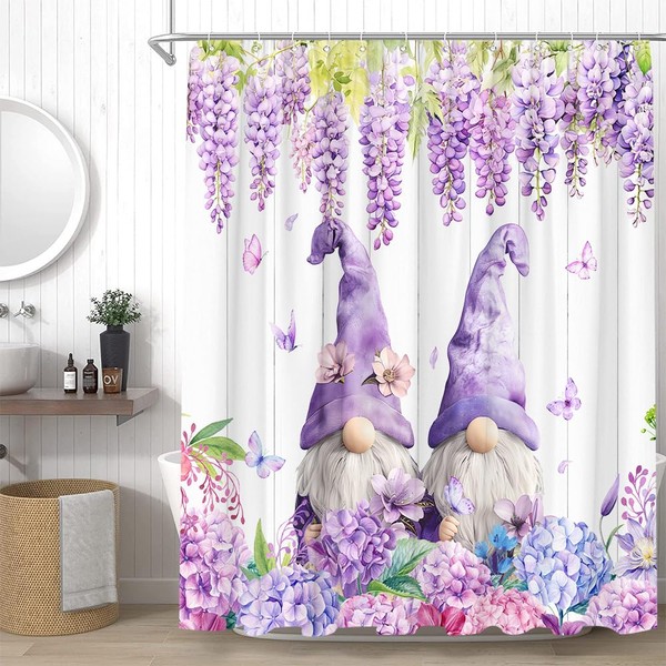 YSSFAV Purple Floral Gnomes Shower Curtain Spring Flower Butterfly Rustic