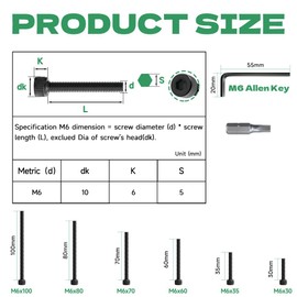 Jyvex Pack of 20 Cylindrical Screws M6 x 60, Allen Screws M6 in Black, Cylinder Head Screws with Hexagon Socket in Accordance with DIN 912 / ISO 4762, Full Thread with Allen Key