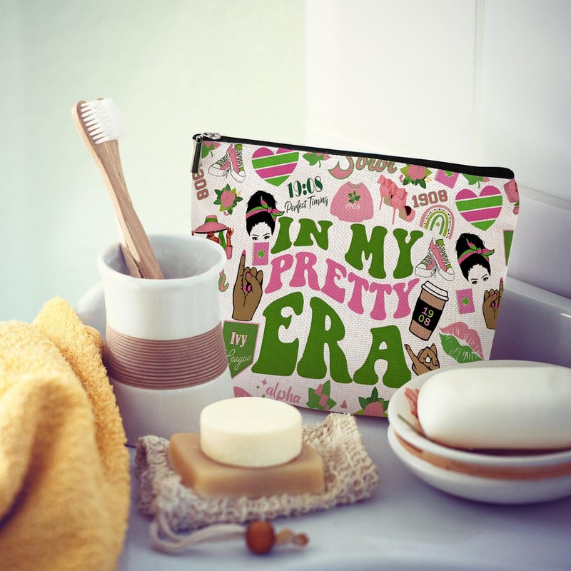 Sorority Gift Pink and Green Canvas Makeup Bags, In My