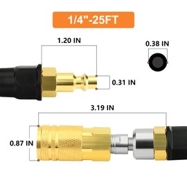 GASHER 1/4" x 25FT Reinforced Polyurethane Recoil Air Hose with Bend Restrictor, Air Hose kit With 360°Swivel Coupler, 1/4" Industrial Quick Coupler and Plug(Black)