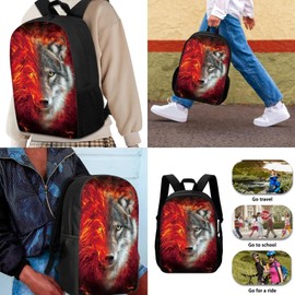 Renewold Backpack Set for Primary Middle School Student, Wolf Red Cool Print Book Bag, Backpacks with Thermal Lunch Bag Pencil Case Gift 3 Pieces Set Durable