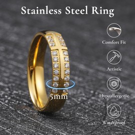 King Will Men's Titanium Gold Wedding Band - 5mm Polished Band with Step Edges and Cross Design Featuring White Zirconia Insets Comfort Fit, Size 8