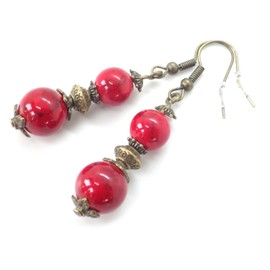 Bronze necklace and earrings set with pendant in red-tinted reconstituted turquoise beads and Tibetan beads