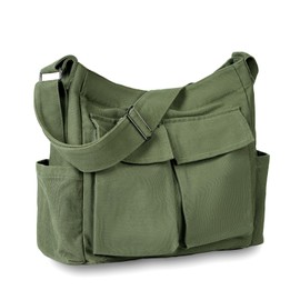 Tibroni Canvas Messenger Bag, Large, Casual Vintage Tote Bag, Aesthetic, Crossbody Bag with Multiple Pockets, Men's Shoulder Bag with Large Capacity, for Travel, Work, School, Shopping, Daily, Green,