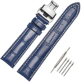 Moran Quick Release Leather Watch Bands Deployment Butterfly Buckle 18mm 20mm 22mm 24mm Blue Black Brown Calfskin Replacement Watch Strap for Men & Women