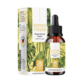 Naturtreu® Vitamin D3 K2 Drops, High Dosage and Vegan – 100% Vegetable (without Animal Lanolin) – 1000 IU Vitamin D + Vitamin K2 – Sun Friend