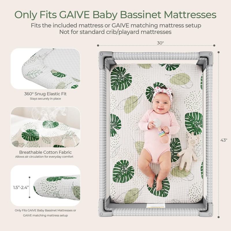Muslin Bassinet Sheet for Gaive Bassinet Mattress Only, 2-Pack
