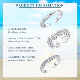 3Pcs 18K Silver Toe Rings for Women, Adjustable Open Toe Ring Cubic Zirconia Daisy Flower Simple Thin Band Hug Rings Hawaiian Summer Beach Foot Jewelry Set