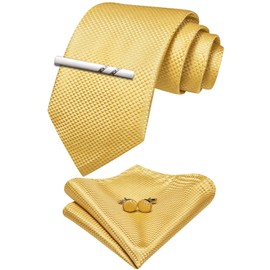 YOHOWA Gold Tie Extra Long for Men with Tie Clip Plaid Silk Necktie Pocket Square Cufflinks Set Formal Wedding Party Business