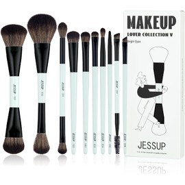 Jessup Set 10 Brochas para Maquillaje Doble Punta para Rostro y Ojos T500