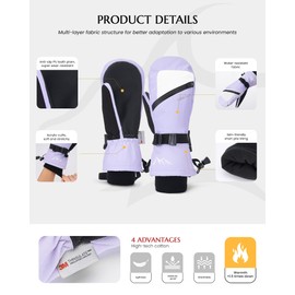 Winter Ski Mittens for Men Women Cold Weather- Warm Snow Snowboard Mittens Gloves Windproof & Waterproof, Thinsulate Warm Snow Sports Mitts with Pocket Skiing Snowboarding Mitts Purple XS-S