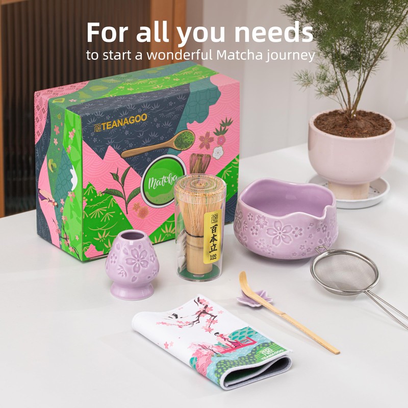 TEANAGOO Matcha Set 7-Piece Purple, with Ceramic Bowl (Chawan), Spout