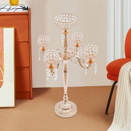 5 Arms Gold Candelabra Centerpiece with Crystal Pendant - 35" Tall Floor Candle Holder Table Candelabra Stand for Home Wedding Party Events Decoration (Gold)