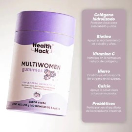Health Hack Multi Women Gomitas Multivitamínico para Mujer, Sabor Fresa, con 27 Ingredientes, Vitaminas, Minerales, Mio-Inositol, Probióticos, Biotina