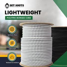 SGT KNOTS Polypropylene Bungee Shock Cord - Marine Grade Bungee Cord Roll, Lightweight Elastic Rope for DIY, Crafting, Kayak, Tent Poles & Industrial (1/4" x 50ft Coil, White w Black Tracer)