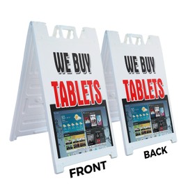 A-Frame Sidewalk We Buy Tablets 24" x 36" Double Sided A-Frame Sidewalk Sign, Includes 2 Plastic Inserts | Foldable Portable White Signicade Sandwich Board Signs