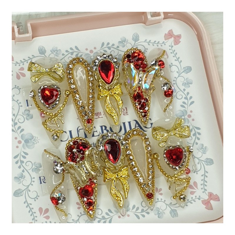 [Premium] Night of Blood Red Ribbon Handmade Nail Tips -