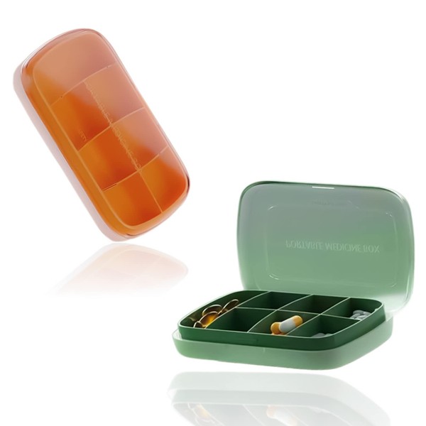 Echehi Pill Box 7 Days 2 Pieces, Small Pill Box for Travel, 7 Day Compartments for Medication, Dietary Supplements, Vitamins and Cod Liver Cod. Green + Orange