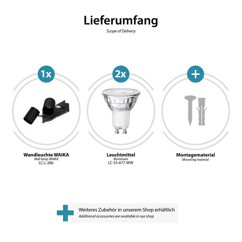 ledscom.de WAIKA Wall Spotlight with Switch, Matt Black, Includes GU10