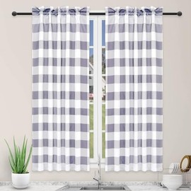 Simple Deluxe 2 PCS Buffalo Check Kitchen Tier Curtains, Plaid Gingham Short Curtain for Half Cafe Windows, 26" W x 45" L, White&Gray