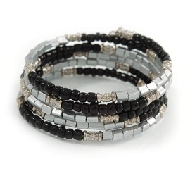 Avalaya Black Glass Silver Acrylic Bead Multistrand Coiled Flex Bracelet Bangle - Adjustable