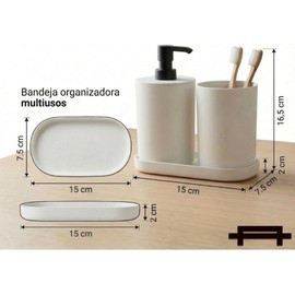 Genérico Argento Juego de Baño 3 Piezas Dispensador de Jabon Liquido y Vaso Portacepillos con Bandeja Multiusos, Minimalista, Elegante, Resistente y Fácil de Limpiar