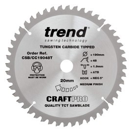 Trend CraftPro Negative Hook Cross-Cutting Thin Kerf TCT Saw Blade for Circular/Mitre Saws, 190mm x 48 Teeth x 20mm Bore, Tungsten Carbide Tipped, CSB/CC19048T