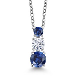 Gem Stone King Rhodium Plated 3 Stone Pendant for Women & Chain Created Sapphire Moissanite