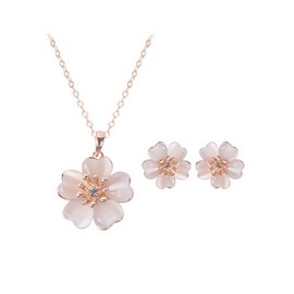 Pink Cat Eye Cherry Blossom Pendant Necklace Stud Earring Set for Women Elegant Delicate Rhinestone Sakura Flower Sweet Dainty Love Heart Petals Floral Choker Prom Party Bride Wedding Jewelry for Her