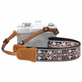 Padwa Lifestyle Camera Strap - 1.5" Crazy Horse Cowhide Head Cotton Strap,Vintage Embroidery Camera Straps for Photographers and All Cameras,Cute Adjustable Shoulder Neck Strap for Adults & Kids
