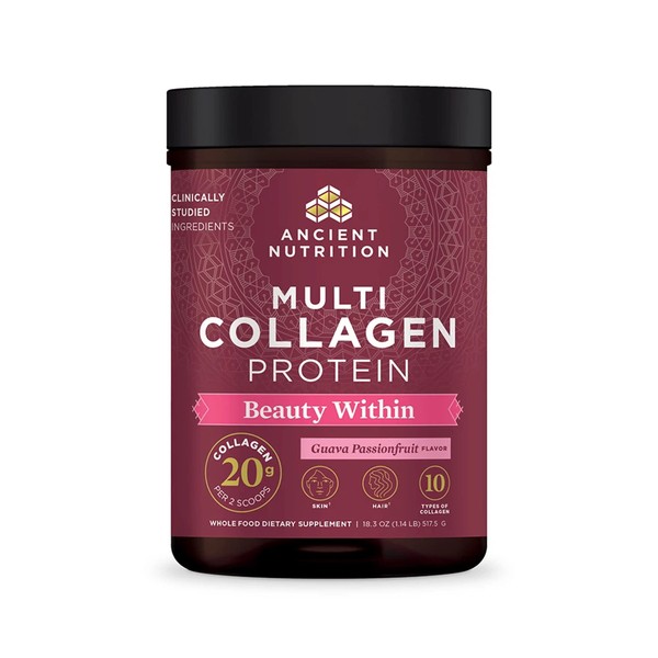 Ancient Nutrition Collagen Powder Protein, Multi Collagen Protein Beauty Within, Guava Passionfruit, with Vitamin C, Hydrolyzed Collagen Peptides Supports Healthy Skin and Nails, 18.3oz