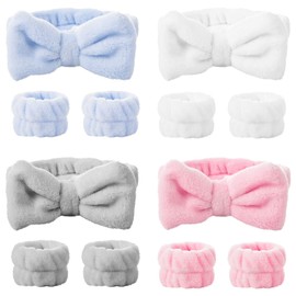 SiaCroly 12 Pcs Spa Headband and Wrist Washband Set Bowknot Facial Makeup Headbands Elastic Wristbands Soft Coral Fleece Headband for Washing Face Head Band for Women Girls Makeup Bath