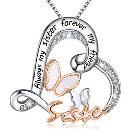 ASLBUNM Sister Necklace S925 Sterling Silver Always My Sister Forever My Friend Butterfly Pendant Necklace Friendship Jewelry Birthday Gifts for Sister Best Friend Co-worker