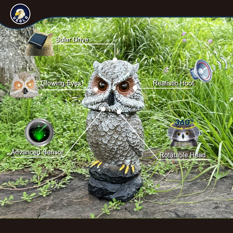 Ugold Solar Powered Owl with Motion Detection, Silent Mode, Flashing