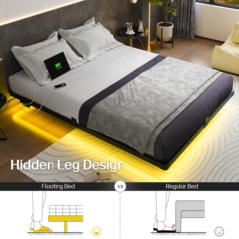 Liians Queen Size Floating Bed Frame with USB Charging Station