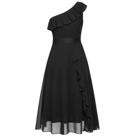 Girls Floral Lace Dress One Shoulder Easter Bridesmaid Vintage Formal Cocktail Party Swallowtail Swing Dresses 8-13 Years (Black,12T)