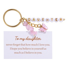 To My Daughter Gift - Pink Butterfly Charm Rose Quartz Beads Crystal Keyring from Mom Dad, Daughter's Birthday Spiritual Gift for Her, Gold Chain Pink Crystal Gift for Daughter