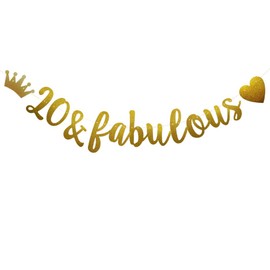 20 & Fabulous Banner, Pre-Strung, Funny Gold Paper Glitter Party Decorations for 20th Birthday Party Supplies, Letters Gold,ABCpartyland