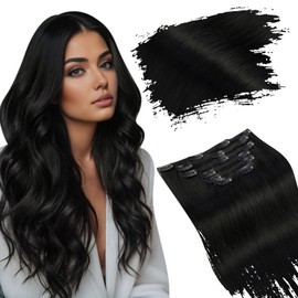 Ugeat Real Hair Extensions Clip in Human Hair Jet Black Clip in Hair Extensions 24 Inch Black Human Hair Clip in Extensions for Women Double Weft Long Extensions 7pcs 135g