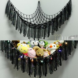 Stuffed Animals Net or Hammock with LED Light, Toy Hammock Net with Tassels Hanging Stuffed Animals Storage Holder Room Décor for Nursery Kids Bedroom (Black)