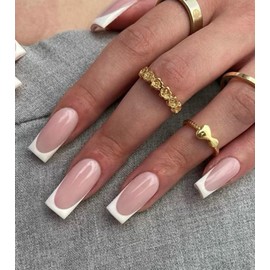 Artquee French Tip Press on Nails Long L Square Pink False Tips White Glossy Reusable Fake Stick on Nails Kit for Women - 30 Pcs 15 Sizes