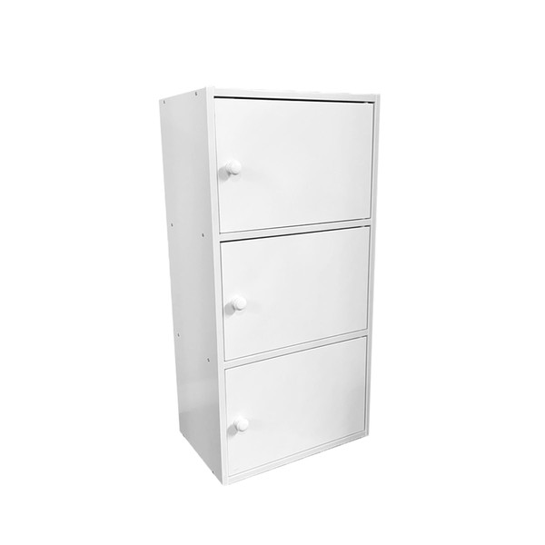 ROCKRAIN 3-Door Storage Cabinet: White Utility Organizer with Wooden Knobs