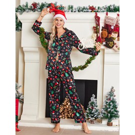 Ekouaer Women's Classic Button Down Long Satin Silk Pajama Set,Medium,Black Chirstmas Pattern