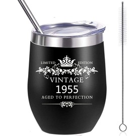 COFOZA 1955 70th Birthday Gifts for Man Woman 12 Ounce Stainless Steel Wine Tumbler Vacuum Insulated Cup 70 Years Birthday Anniversary Present with Sliding Lid Straw and Brush (Black)