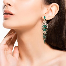 Art Deco Long Dangle Statement Earring Green Crystal Rhinestone Cluster Chandelier, Party Prom