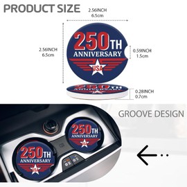 Patriotic 250th Anniversary USA Winged Ceramic Car Cup Coasters for Cup Holders with Finger Notch & Cork Base - Anti-Slip Car Interior Accessories for Women Men, Pack of 2, 2.56in