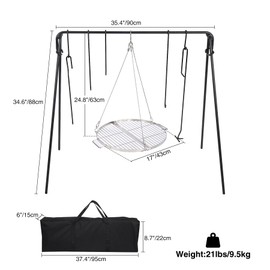 REDCAMP Grill Swing Campfire Grill Stand with Stainless Steel Grill Grate, Collapsible Campfire Cooking Rack w/6 Hooks,Portable Cookware Hanging Rack Camping Bonfire for Cookware & Dutch Oven,Round