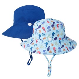 LO SHOKIM Baby Sun Hat 2 Pack Toddler UPF 50+ Summer Sun Protection Wide Brim Bucket Hat Baby Girl Beach Hat Boy Kids Adjustable Cap Summer (Blue Seahorse + Royal Blue, M)