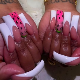 20 Pcs Press on Nails White French Tip Curved Nail Thick Nude Pink Fake Nails Watermelon Design False Nails Glossy Reusable Full Cover Acrylic Stick on Nails for Women Art DIY Decorations