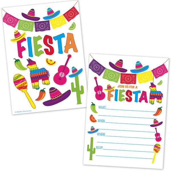 Fiesta Party Invitations - Fill in the Blank Style - Cinco de Mayo - Mexican Fiesta Theme Birthday Invites for Kids and Adults (20 Count with Envelopes)